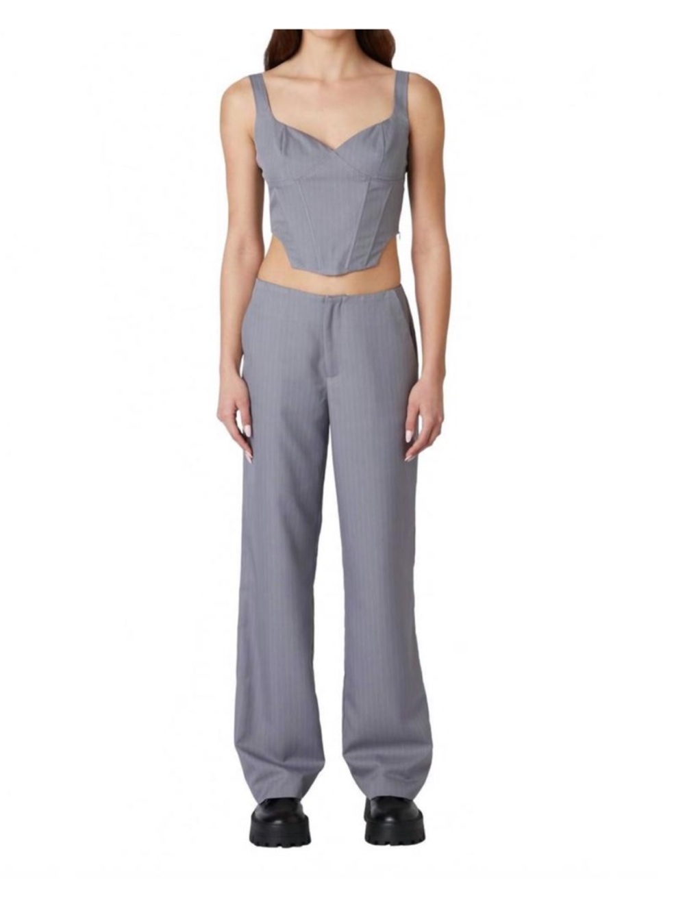 Nia Eloise Tailored Pinstripe Wide-Leg Pants in Light Gray Low Rise